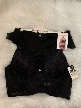 REBECCA MINKOFF Lace Longline Corset Bra & Tap Short Set in Black Sz L 36C